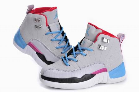 Kids jordan 12 shoes grey blue red