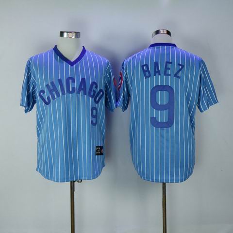 MLB Chicago Cubs #9 Baez blue white strip jersey