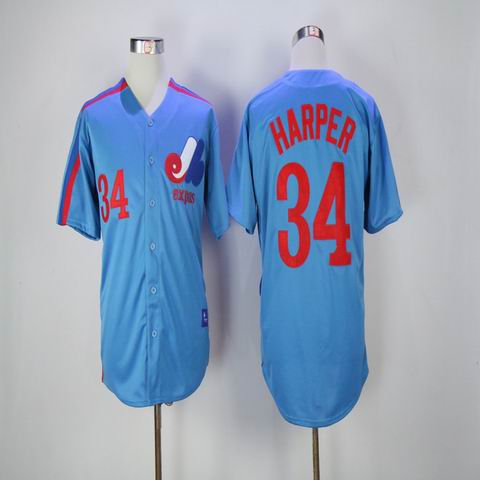MLB Montreal Expos #34 Harper blue throwback jersey