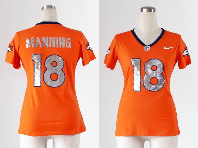 Nike NFL Broncos 18# Manning Women's Handwork Sequin lettering Fashion orange Jerseys