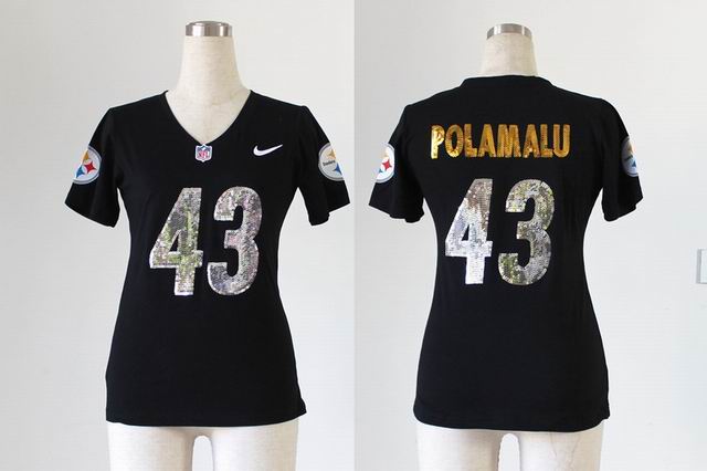 Nike NFL Steelers 43# Polamalu Women's Handwork Sequin lettering Fashion black Jerseys