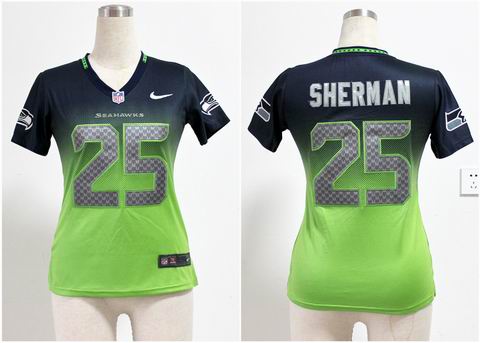 Women nfl Seahawks 25 Sherman Drift Fashion II blue green Jersey