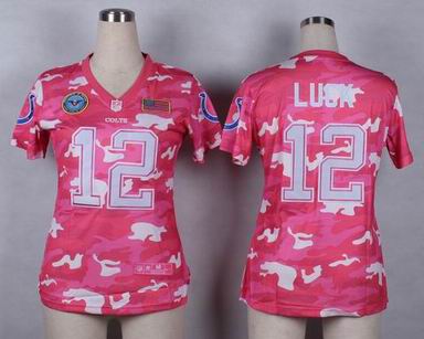 women Colts 12 Luck Salute to Service pink camo jersey
