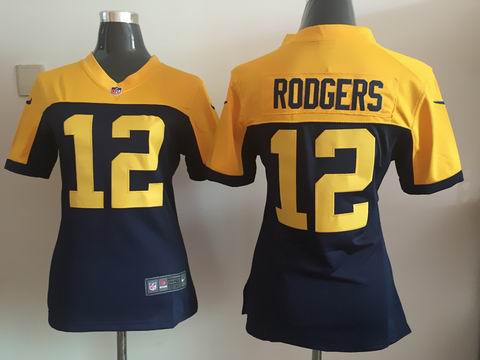 women nike nfl packers 12 Rodgers blue yellow jersey
